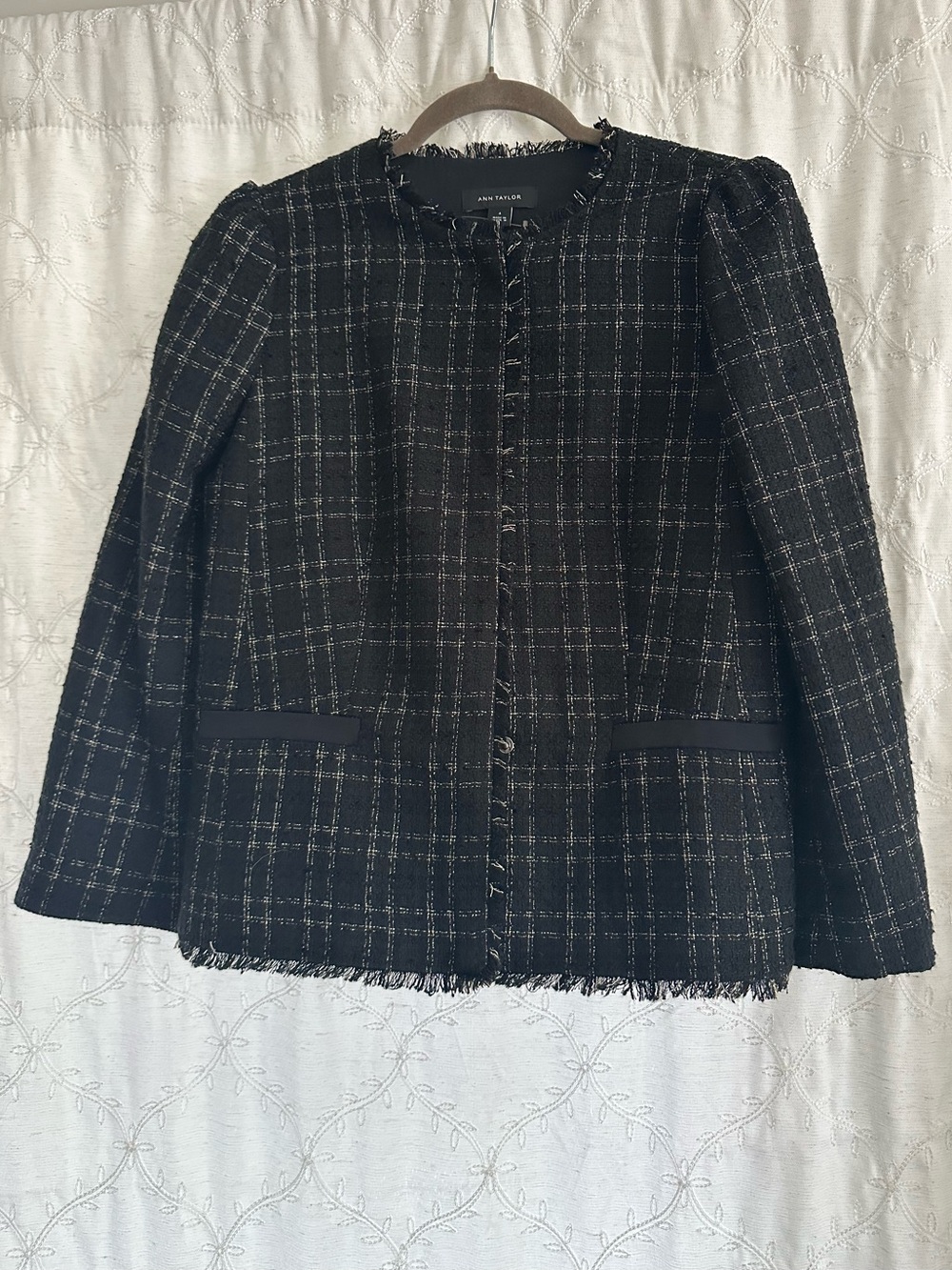 Ann Taylor Black Tweed Fringe-Trim Blazer